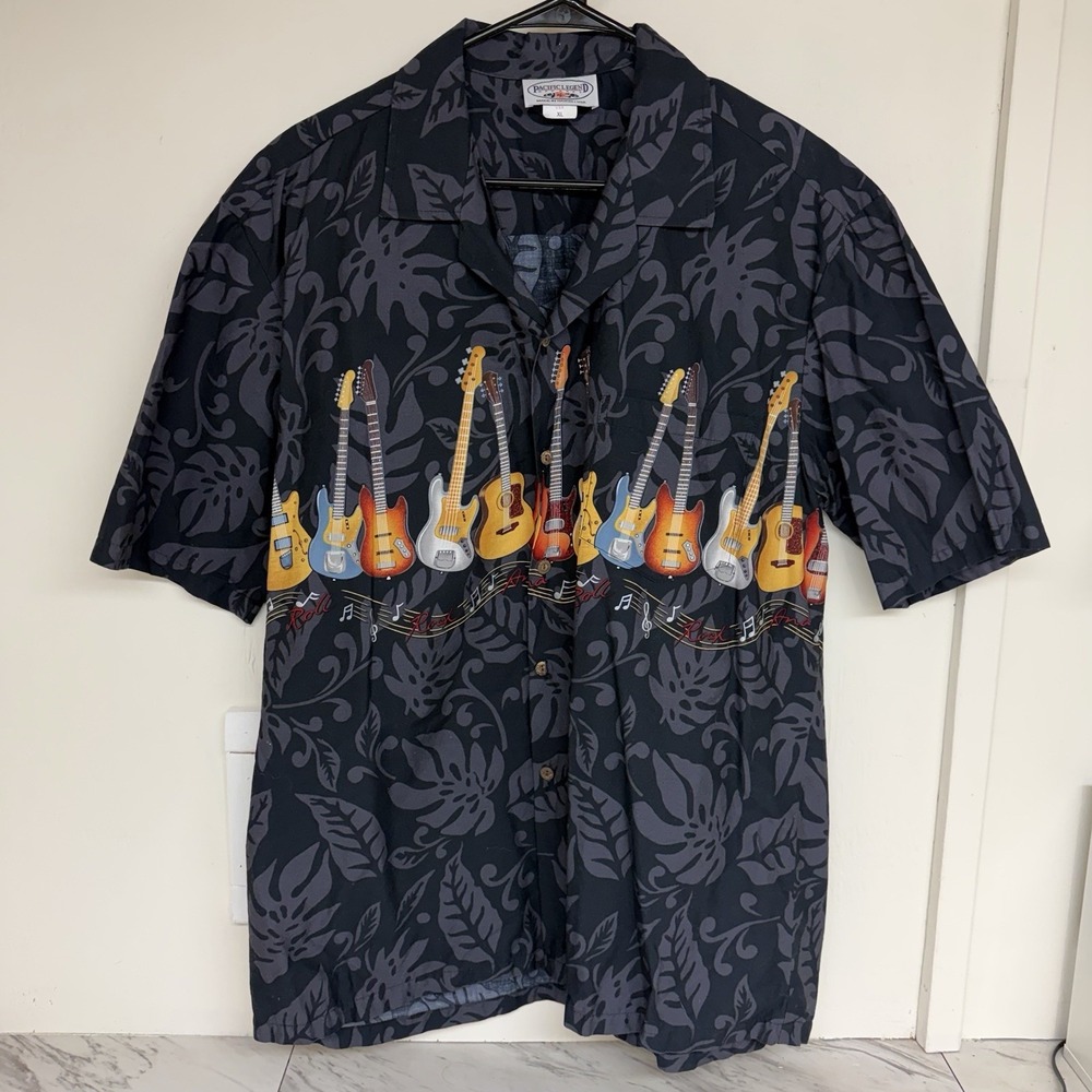 Pacific Legend Made In USA Hawaiian Button Up Shirt Men XL Rock N Roll Guitars